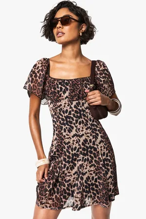 Boohoo Womens Tall Printed Chiffon Godet Square Neck Tea Dress - - 18