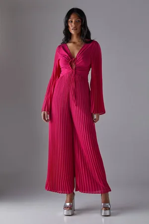 warehouse Womens Chiffon Pleated Keyhole Flared Sleeve Jumpsuit - - 12