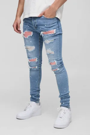 Boohoo Super Skinny Stretch Biker Rip & Repair Paint Splat Jeans - - 32R