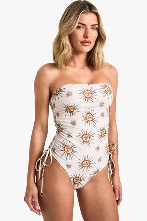 Boohoo Womens Celestial Print Ruched Bandeau Swimsuit - - 16