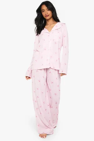 Boohoo Womens Petite Bow Print Piping Detail Long Sleeve Shirt & Trousers Pyjama Set - - 14