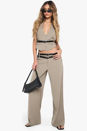 Boohoo Womens Woven Tailored Double Belted Straight Leg Trouser - - 12