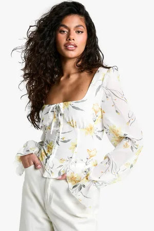 Boohoo Womens Blurred Ditsy Floral Print Chiffon Balloon Milkmaid Top - - 16