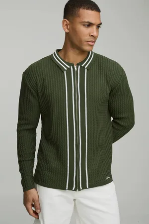 Boohoo Regular Fit Zip Up Embroidered Lightweight Cable Knitted Shirt - - M
