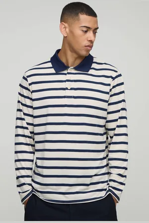 Boohoo Regular Fit Stripe Long Sleeve Button Rugby Polo - - M