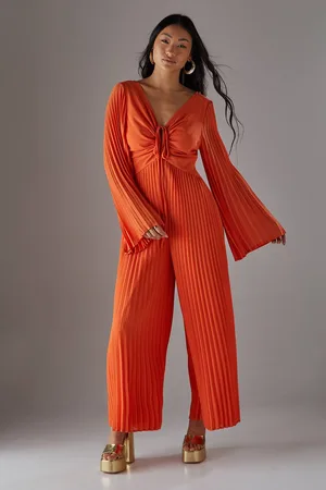 warehouse Womens Petite Chiffon Pleated Keyhole Flared Sleeve Jumpsuit - - 10