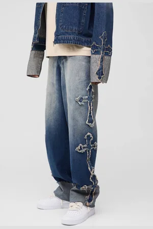 Boohoo Relaxed Rigid Cross Applique Denim Jeans - - 32R