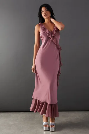 warehouse Womens Satin Wrap Chiffon Frill Detail Midi Dress - - 8