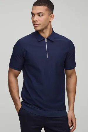 Boohoo Slim Fit Zip Collar Textured Stripe Short Sleeve Polo - - M