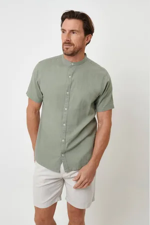 Threadbare Grandad Collar Linen Blend Short Sleeve Shirt - - S