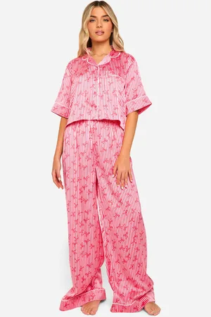Boohoo Womens Bow Print Satin Shirt & Trouser Pyjama Set - - 6