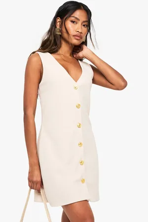 Boohoo Womens Gold Button V Neck Shift Dress - - 14
