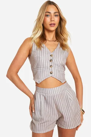Boohoo Womens Pinstripe Linen Look Waistcoat & Relaxed Fit Shorts - - 16