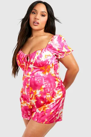 Boohoo Womens Plus Floral Print Ruched Sweetheart Playsuit - - 22