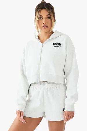 Boohoo Womens DSGN Studio Embroidered Boxy Crop Zip Through Hoodie - - XL