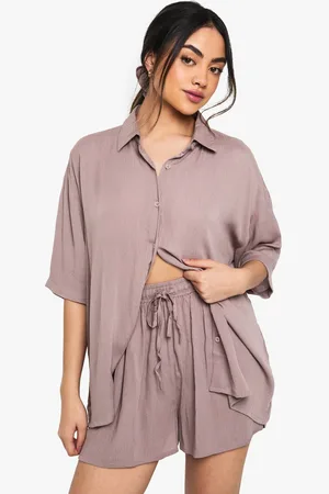 Boohoo Womens Crinkle Short Sleeved Shirt, Shorts & Scrunchie Set - - 6