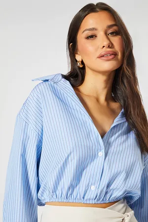 MissPap Womens Pinstripe Cropped Wide Sleeve Shirt - - 16