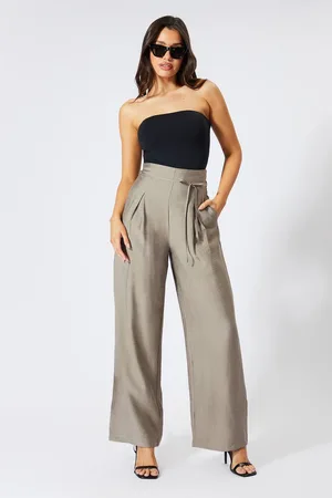 MissPap Womens Linen Look Wide Leg Paper Bag Waist Trousers - - 16