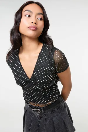 Pink Vanilla Womens Polka Dot Mesh Cap Sleeve Crop Top - L