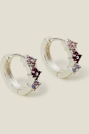 Accessorize Womens Sterling Silver-Plated Gem Flower Hoop Earrings - - One Size