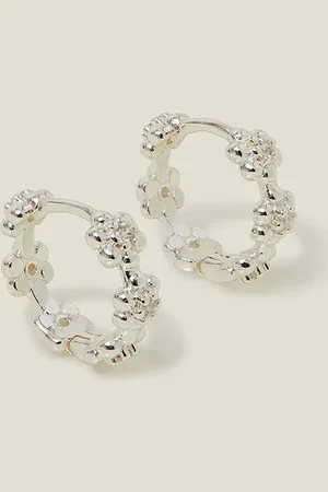 Accessorize Womens Sterling Silver-Plated Flower Sparkle Hoop Earrings - - One Size