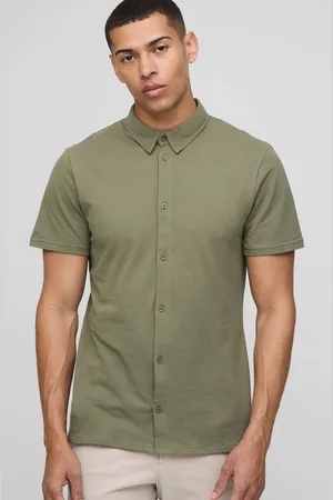 Boohoo Slim Fit Pique Button Down Collar Jersey Shirt - - M