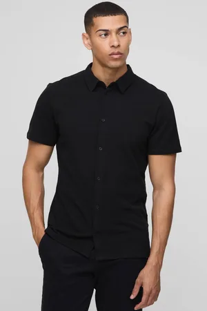 Boohoo Slim Fit Pique Button Down Collar Jersey Shirt - - XS