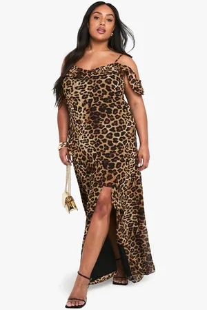 Boohoo Womens Plus Chiffon Printed Ruffle Cold Shoulder Slip Dress - - 20