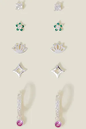 Accessorize Womens 5-Pack Sterling Silver-Plated Sparkle Stud and Hoop Earrings - - One Size