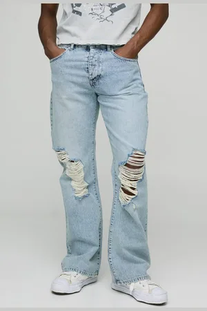 Boohoo Relaxed Flare Ripped Knee Wash Jeans - 34R