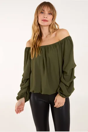 Blue Vanilla Womens Bardot Elasticated Ruched Sleeve Top - - S/M