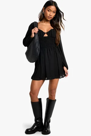 Boohoo Womens Chiffon Shirred Flare Sleeve Mini Dress - - 8