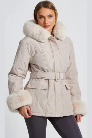 Quiz Womens Stone Faux Fur Trim Jacket - - 6
