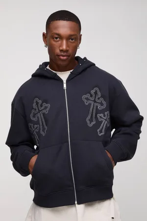 Boohoo Oversized Boxy Cross Embroidered Zip Through Hoodie - - M