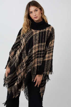 Blue Vanilla Womens Check Rollneck Poncho - - One Size
