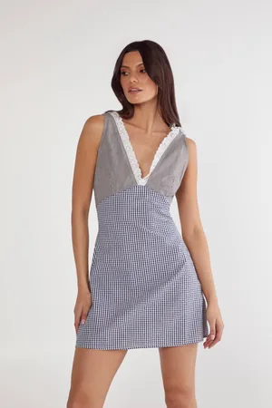 NASTY GAL Womens Gingham Mix Broderie Ruffle Plunge Mini Dress - - 8