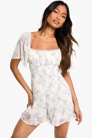 Boohoo Womens Floral Printed Milkmaid Godet Hem Playsuit - - 14