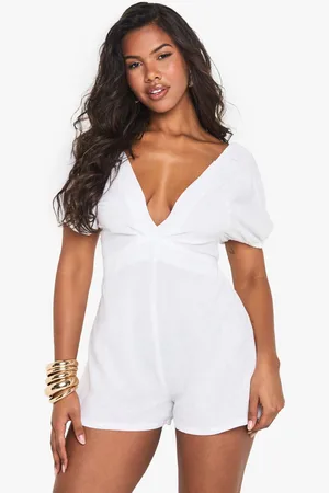 Boohoo Womens Linen Tie Back Puff Sleeve Playsuit - - 16