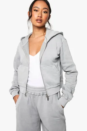Boohoo Womens WASHED EXPOSED SEAM SHRUNKEN ZIP THROUGH HOODIE - - L