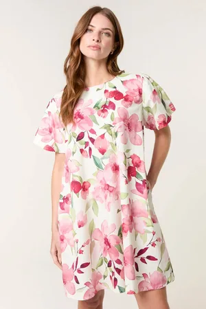Blue Vanilla Womens Cotton Poplin Water Colour Print Swing Dress - M/L