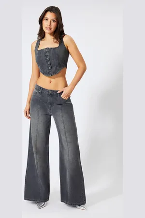 MissPap Womens Denim Seam Front Wide Leg Jeans - - 12