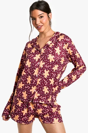 Boohoo Womens Christmas Gingerbread Print long Sleeve Short PJ Set - - 14