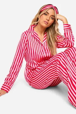 Boohoo Womens Christmas Candy Stripe Satin 3pc Pyjama Set & Headband - - 8