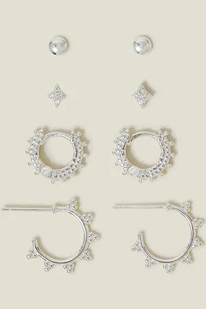 Accessorize Womens 4-Pack Sterling Silver-Plated Stud and Bobble Hoop Earrings - - One Size