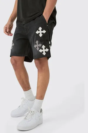 Boohoo Slim Rigid Applique Denim Shorts In Washed - 32