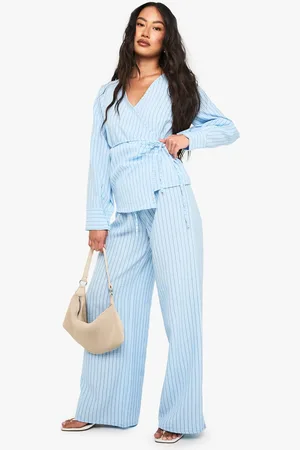 Boohoo Womens Woven Striped Elastic Waist Wide Leg Trousers - - 8