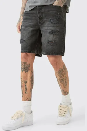 Boohoo Tall Slim Fit Distressed Denim Shorts In Washed - 40