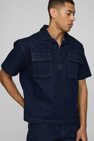 Boohoo Short Sleeve Indigo Denim Boxy Rugby Shirt - - M