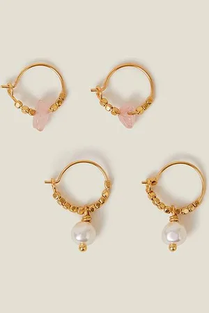 Accessorize Womens 2-Pack 14ct Gold-Plated Tourmaline Pearl Hoop Earrings - - One Size