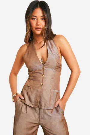 Boohoo Womens Chambray Tie Back Longline Halter Neck Waistcoat - - 6